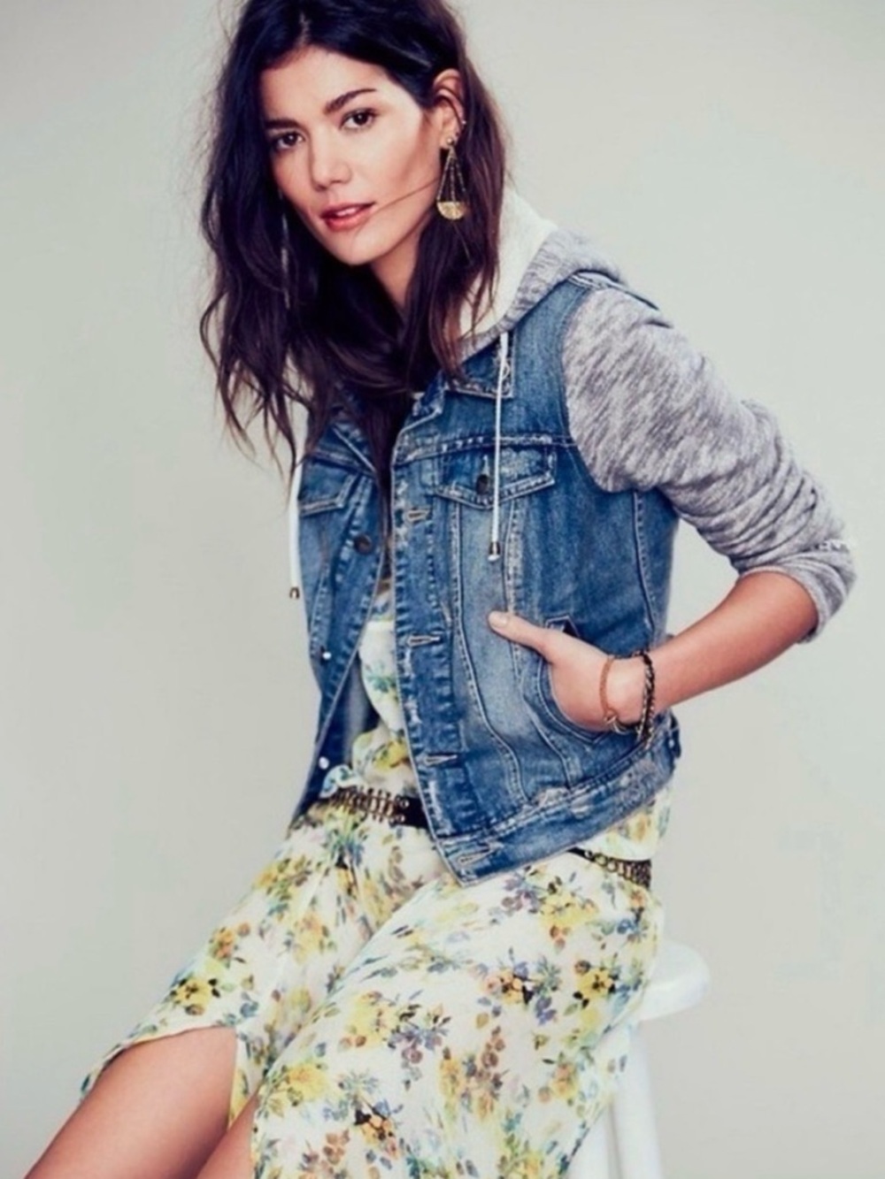 Free People Blue Denim Jacket with removable hood -Size XS